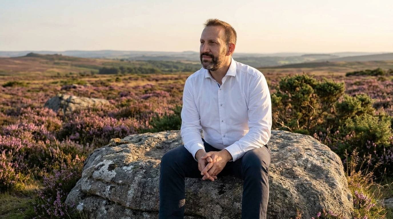 Rifat Radjeb sitzt auf einem Stein in einem sonnigen Feld - Sinnbild für Ruhe und Gelassenheit