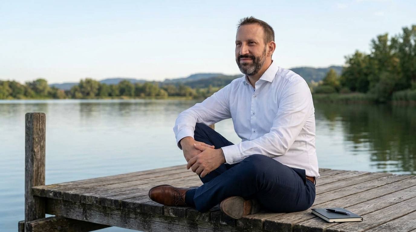 Rifat Radjeb sitzt auf einem Steg am See - Sinnbild für Ruhe und Gelassenheit