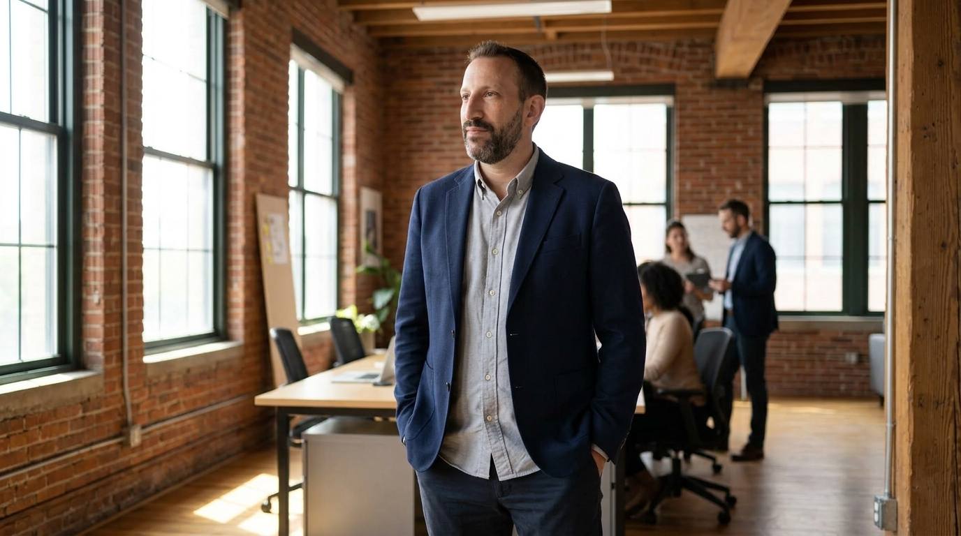 Rifat Radjeb steht in einem Backstein-Büro - Sinnbild für Bodenständigkeit und Professionalität