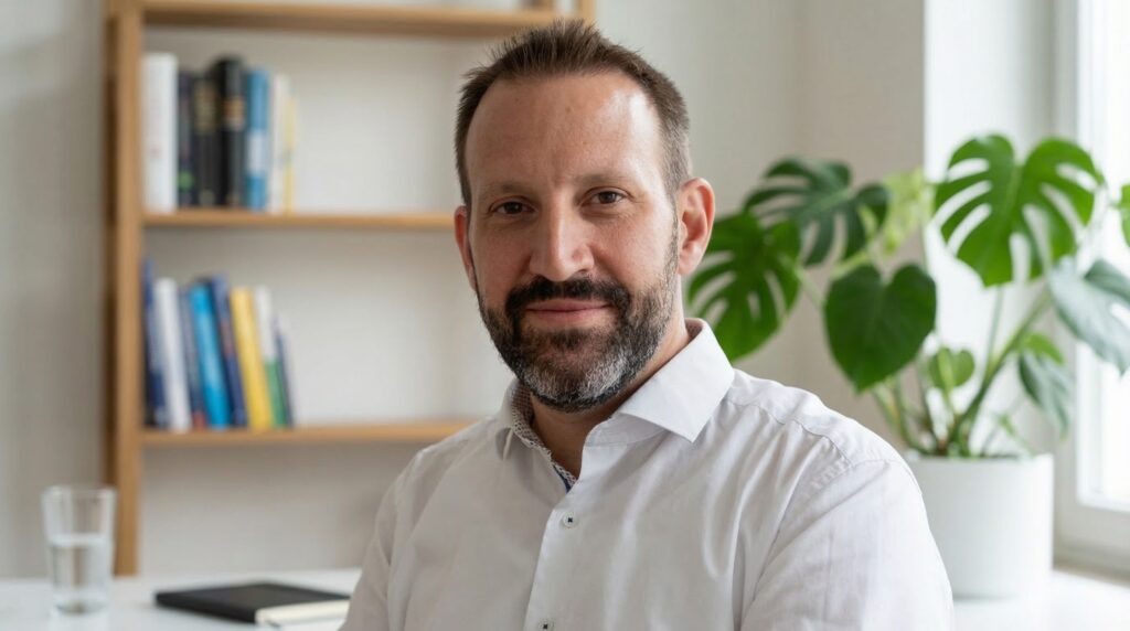 Rifat Radjeb sitzt an einem Schreibtisch vor einem Bücherregal - Sinnbild für eine vertrauensvolle und ruhige Umgebung.