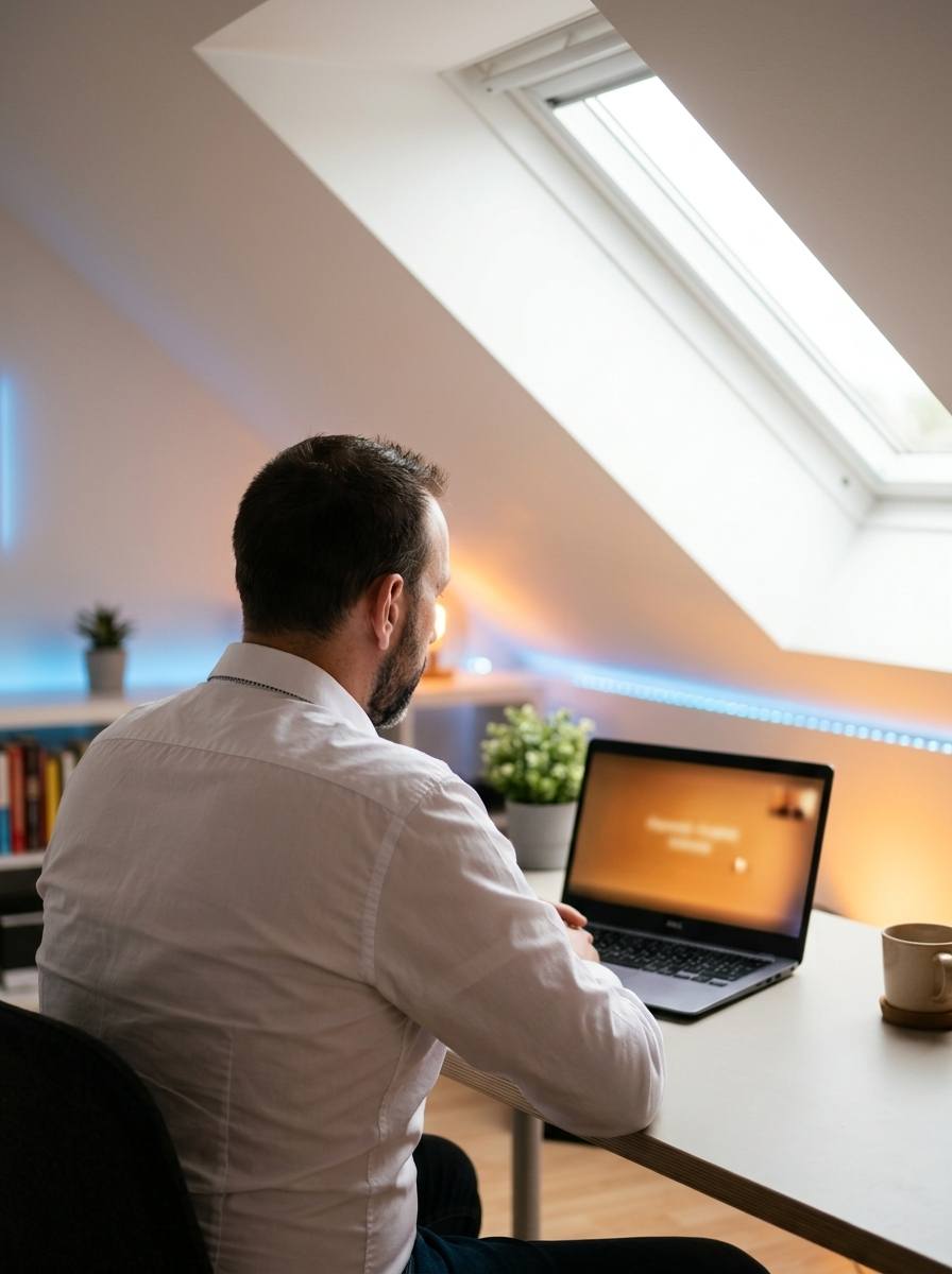 Rifat Radjeb sitzt am Abreitsplatz während eines Online-Coachings 2
