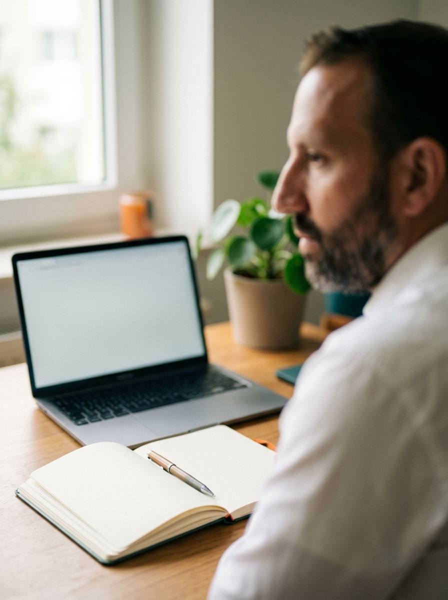 Rifat Radjeb sitzt am Abreitsplatz nach einem Online-Coaching und denkt nach