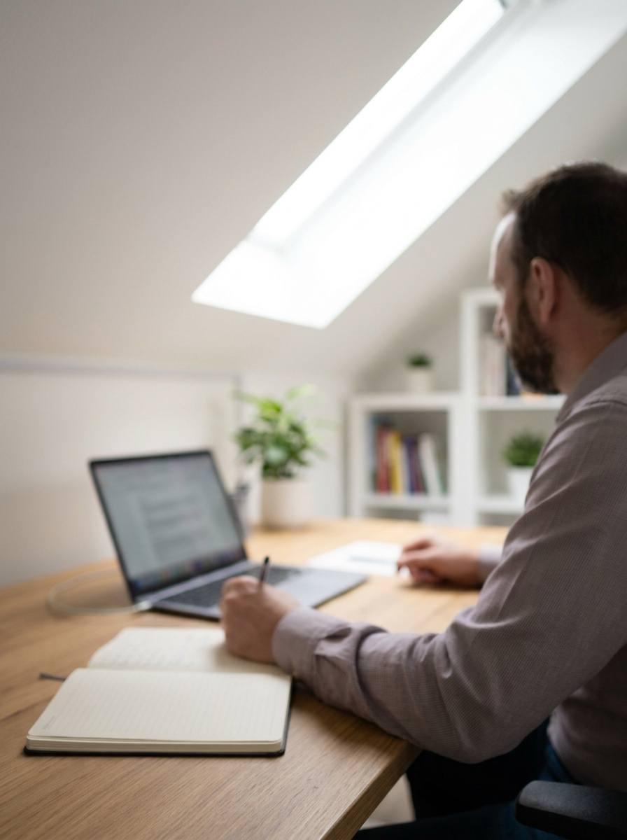 Rifat Radjeb sitzt am Abreitsplatz während eines Online-Coachings und macht sich Notizen